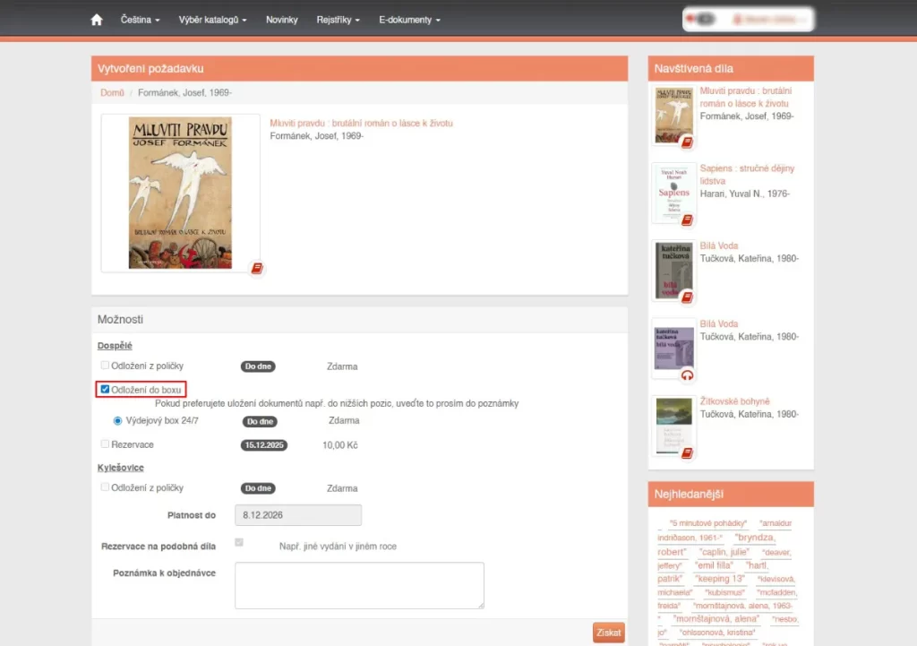 Volba odložení do výdejního boxu v katalogu